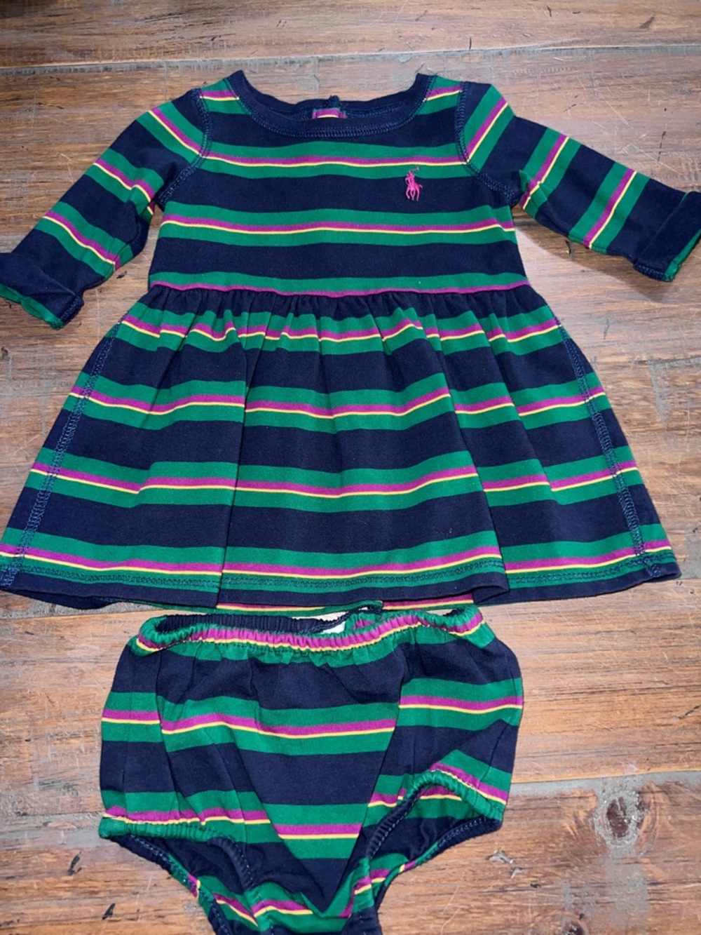 Ralph Lauren Navy, Green & Pink Striped Baby Dress and Bloomers